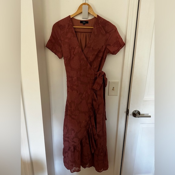 Lulus Pink Floral Jacquard Wrap Dress, Size S - Picture 2 of 5